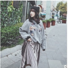 韩国冬季新款条纹毛呢重工刺绣花内里加绒厚实保暖套头卫衣女